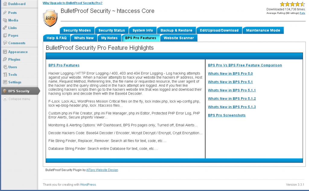 BulletProof Security Plugin – BPS Version .46.8 Screenshots